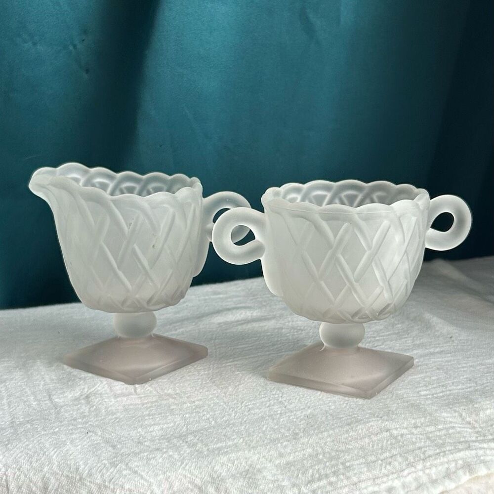 Indiana Glass Frosted Pretzel Pattern Creamer and Sugar Set